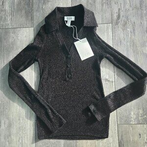 NWT COS Sparkly Ribbed Knit Polo Shirt Women's XS Black Long Sleeve Sheer $135